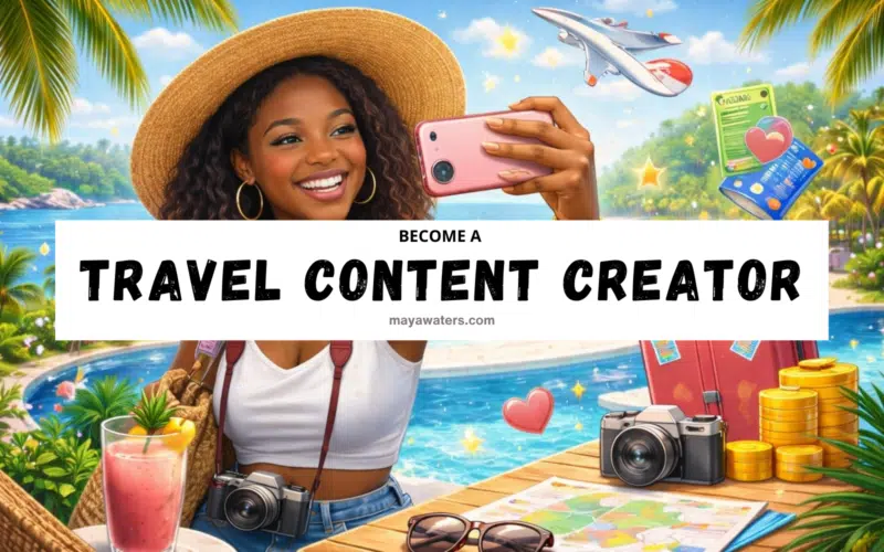 Vibrant tropical travel content creator scene: smiling woman in straw hat taking selfie by pool with smartphone, surrounded by palm trees, airplane, camera, map, luggage, and money icons – become a travel content creator 2026 guide.