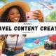 Vibrant tropical travel content creator scene: smiling woman in straw hat taking selfie by pool with smartphone, surrounded by palm trees, airplane, camera, map, luggage, and money icons – become a travel content creator 2026 guide.