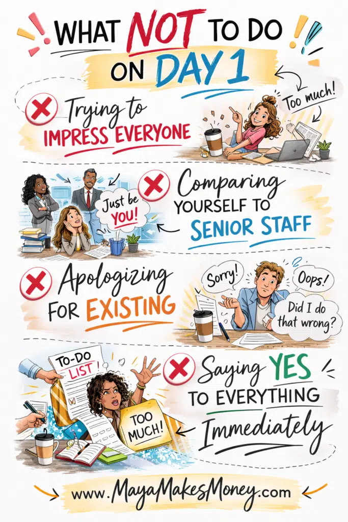 The cartoon infographic: What NOT to do on your first day at work – avoid trying to impress everyone, comparing to seniors, over-apologizing, or saying yes to everything immediately. New job mistakes to dodge!