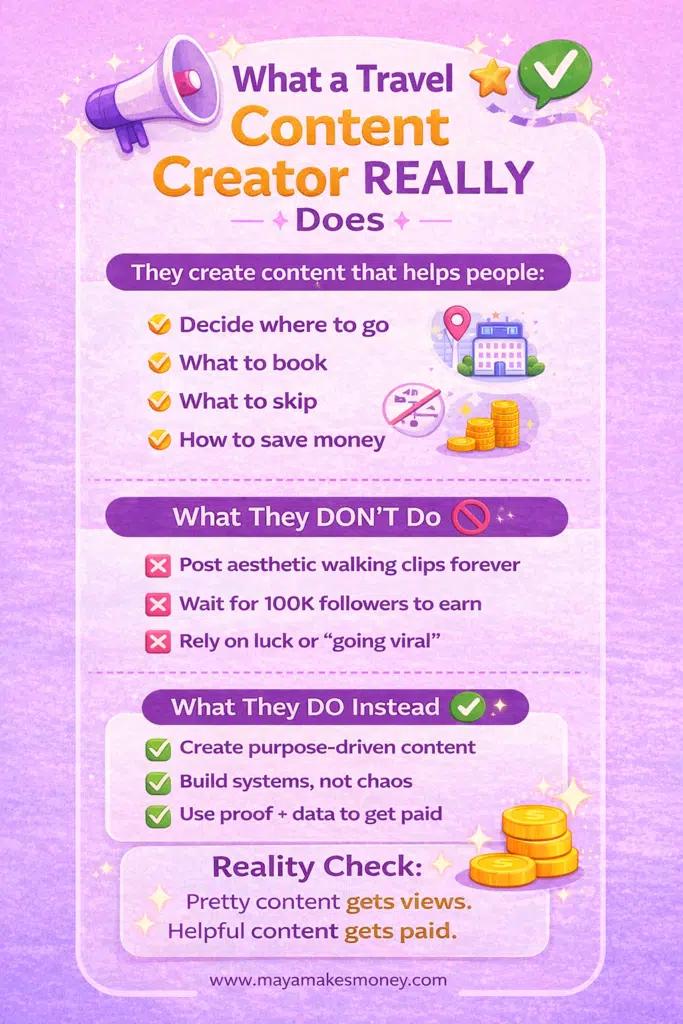 Infographic explaining what travel content creators actually do: helpful tips on destinations, bookings, skips, and saving money vs myths like endless aesthetic clips or waiting for 100K followers – focus on purposeful, paid content 2026.