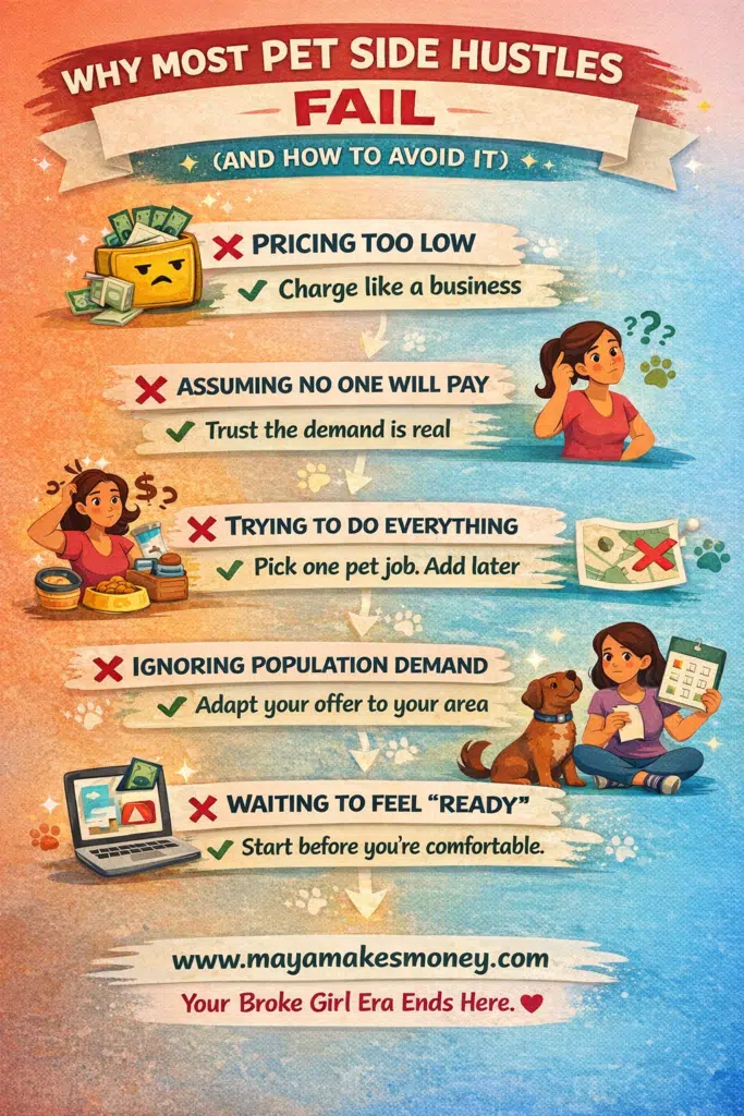 Infographic explaining why most pet side hustles fail and how to avoid common pet business mistakes like underpricing and ignoring demand.
