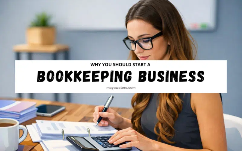 Woman doing bookkeeping work with calculator and financial documents illustrating why you should start a bookkeeping business.