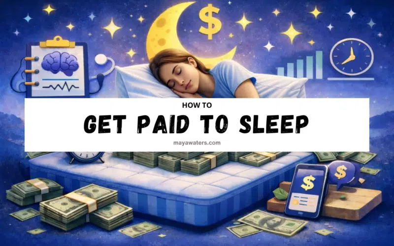 Woman sleeping on mattress surrounded by money illustrations representing how to get paid to sleep through sleep studies and product testing.