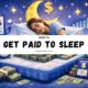 Woman sleeping on mattress surrounded by money illustrations representing how to get paid to sleep through sleep studies and product testing.