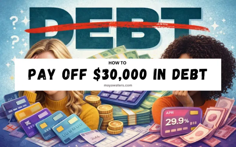 Illustration showing two stressed women surrounded by credit cards and cash with text “How to pay off $30,000 in debt."