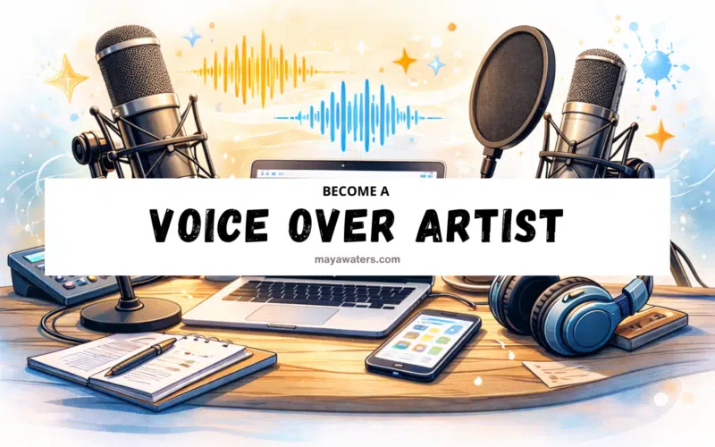 Professional voice over artist home studio setup with microphone, pop filter, laptop, headphones, and audio waveform display.