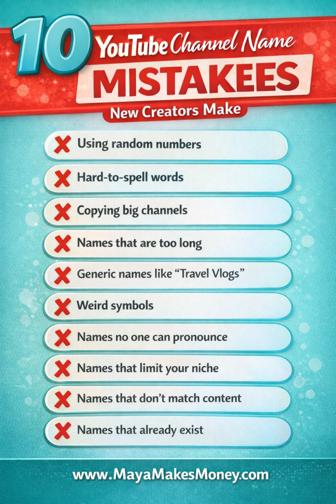 10 YouTube channel name mistakes new creators make including random numbers, hard-to-spell words, and generic channel names.