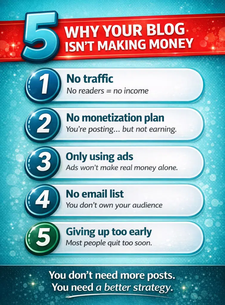 5 reasons your blog isn’t making money including no traffic, no monetization plan, relying only on ads, no email list, and giving up too early