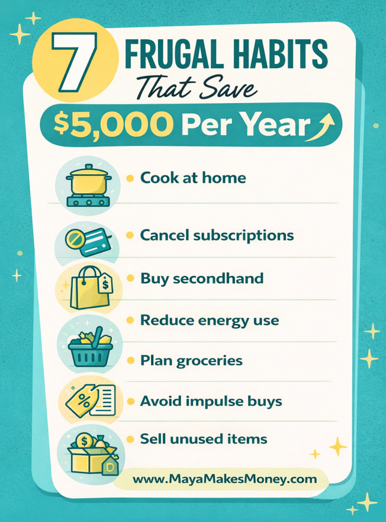 Infographic showing 7 frugal habits that save $5,000 per year including cooking at home, canceling subscriptions, buying secondhand, and planning groceries.