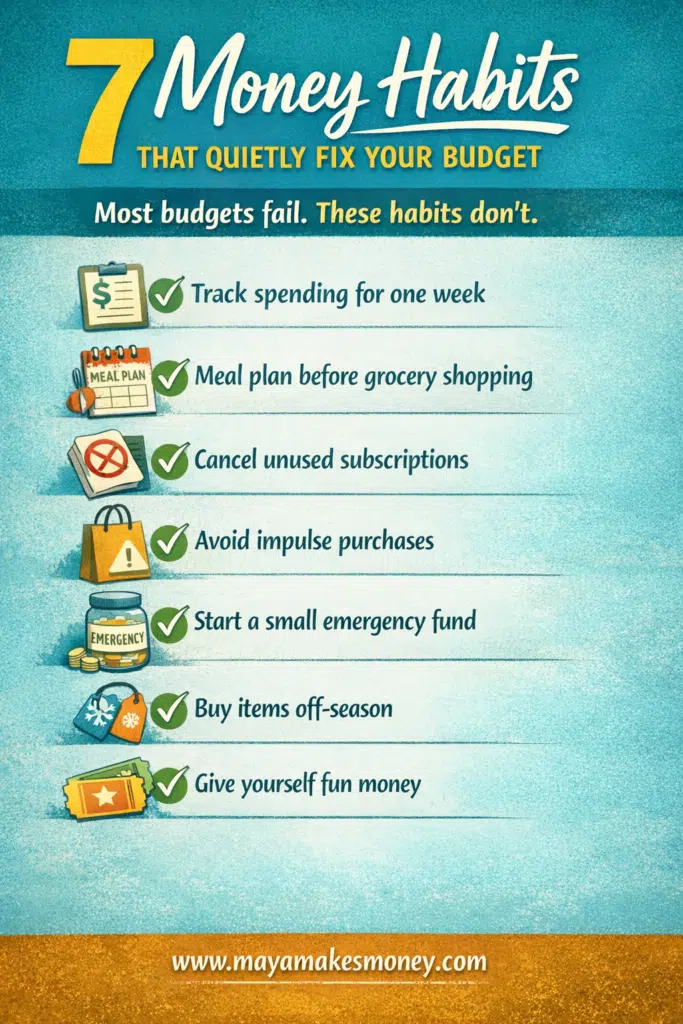 7 money habits that fix your budget including tracking spending, meal planning, and saving money.