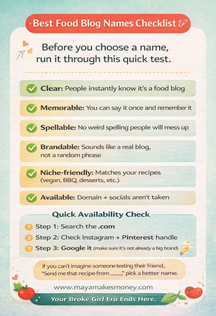 Checklist of creative names for food blogs, featuring various themes and styles for inspiration.