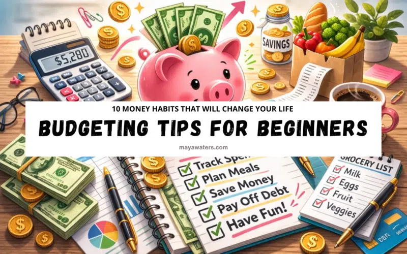 budgeting tips for beginners with piggy bank, calculator, savings jar, and expense tracking checklist.