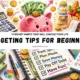 budgeting tips for beginners with piggy bank, calculator, savings jar, and expense tracking checklist.