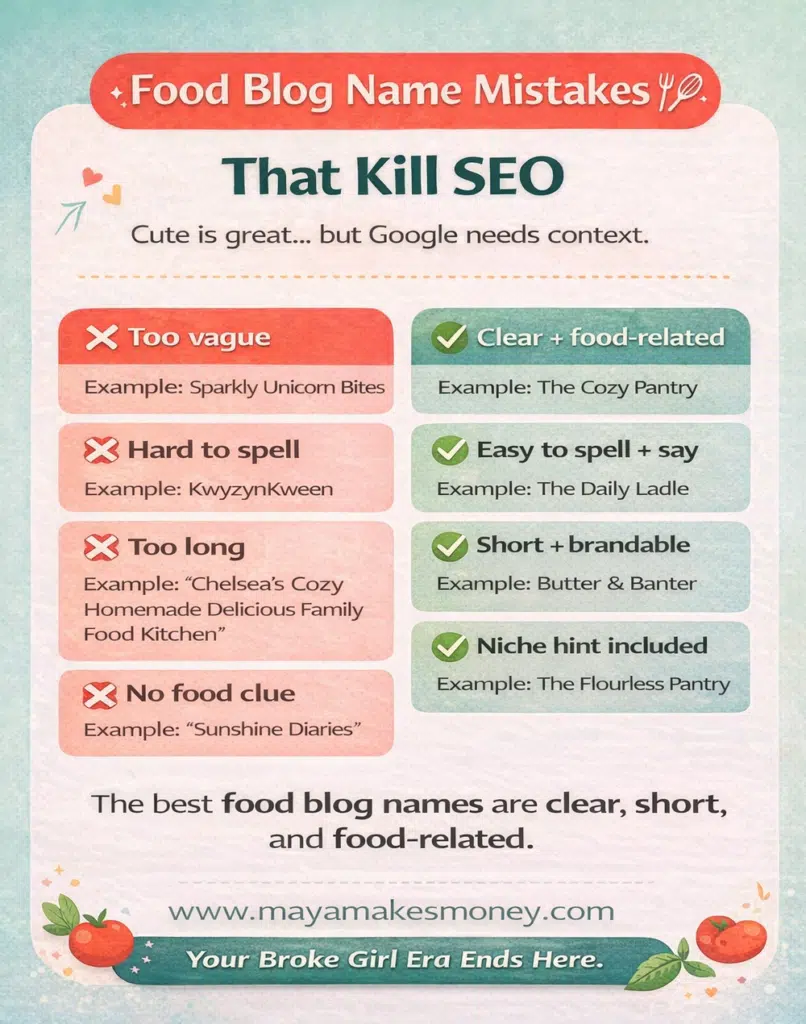 Image of a food blog titled "Mistakes That Kill SEO," featuring a list of common SEO errors for food bloggers.