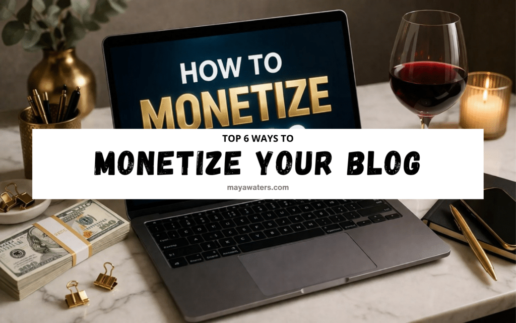 laptop on desk showing how to monetize a blog with money, showcasing behind wine glass, and workspace setup.