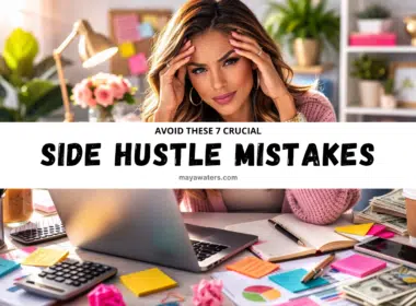 Woman working at laptop stressed about online side hustle mistakes while planning an online business at home office desk.