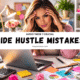 Woman working at laptop stressed about online side hustle mistakes while planning an online business at home office desk.