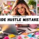 Woman working at laptop stressed about online side hustle mistakes while planning an online business at home office desk.