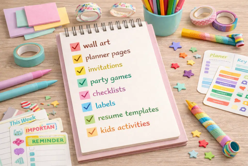 Printable digital products examples including wall art, planner pages, invitations, party games, labels, resume templates, and kids activity printables.