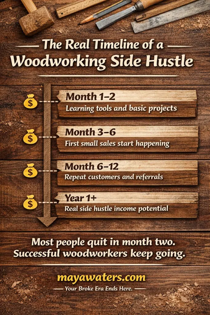 real timeline of a woodworking side hustle from month 1 to year 1 infographic.