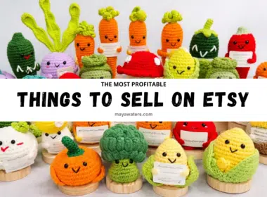 Cute handmade crochet vegetable plushies including carrots, broccoli, corn, and pumpkin displayed as profitable handmade products things to sell on Etsy.
