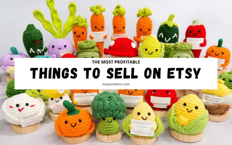 Cute handmade crochet vegetable plushies including carrots, broccoli, corn, and pumpkin displayed as profitable handmade products things to sell on Etsy.