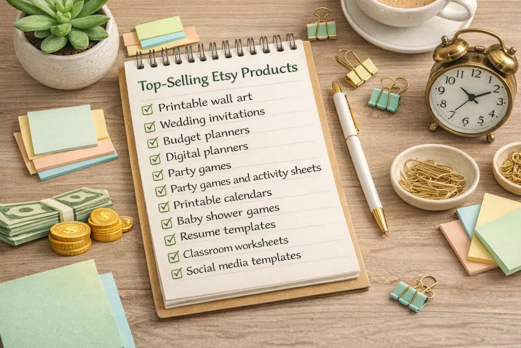 Top selling Etsy printable products list including wall art, wedding invitations, digital planners, party games, calendars, and resume templates.