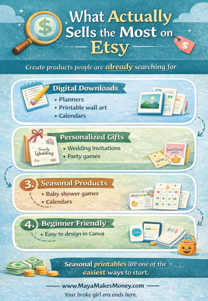 Infographic explaining what sells most on Etsy including digital downloads, personalized gifts, seasonal products, and beginner friendly printable designs.