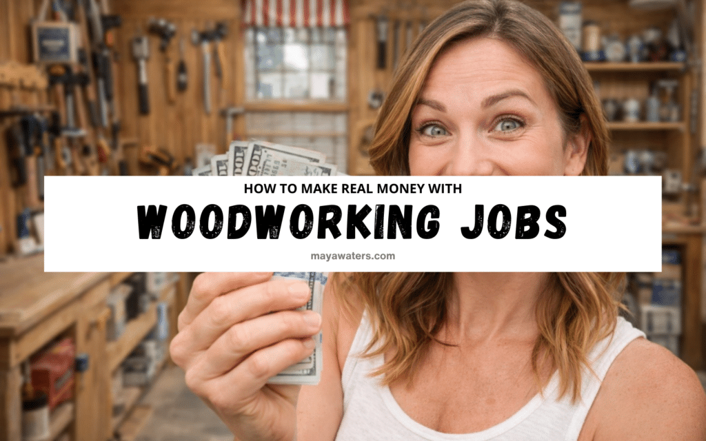 woman holding cash in a woodworking workshop promoting woodworking jobs income.