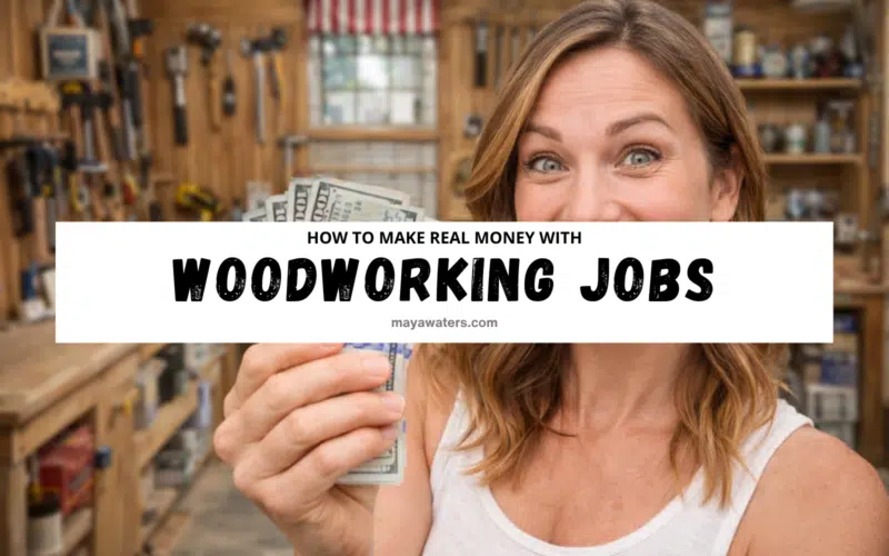woman holding cash in a woodworking workshop promoting woodworking jobs income.