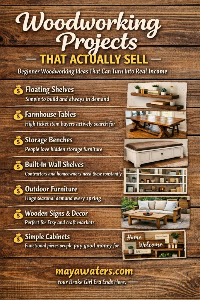 Woodworking projects that sell infographic featuring floating shelves, farmhouse tables, storage benches, built-in wall shelves, outdoor furniture, wooden signs and decor, and simple cabinets for beginners.