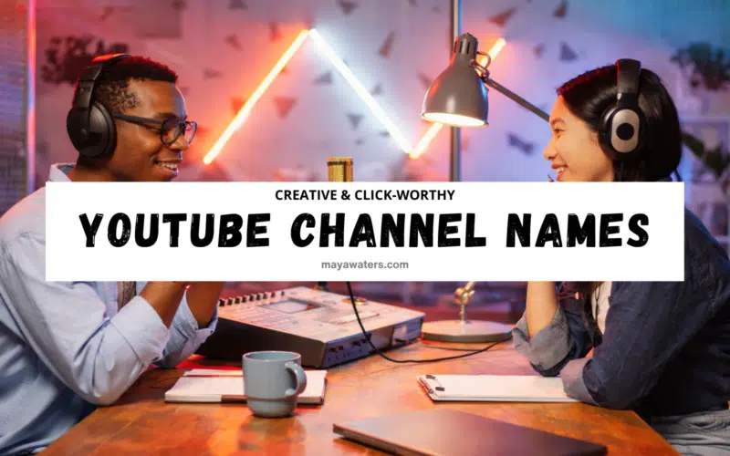 Creative YouTube channel name ideas concept with two podcasters recording content in a professional studio.