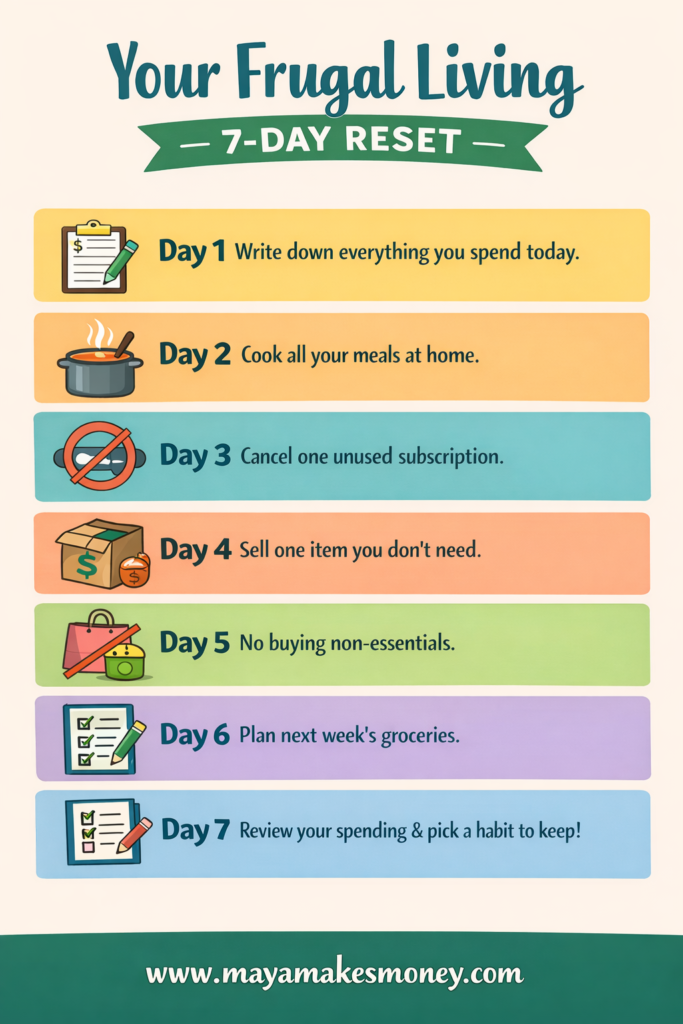 7-day frugal living reset challenge infographic showing daily money-saving habits like tracking expenses, cooking at home, canceling subscriptions, and planning groceries.