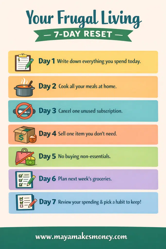 7-day frugal living reset challenge infographic showing daily money-saving habits like tracking expenses, cooking at home, canceling subscriptions, and planning groceries.