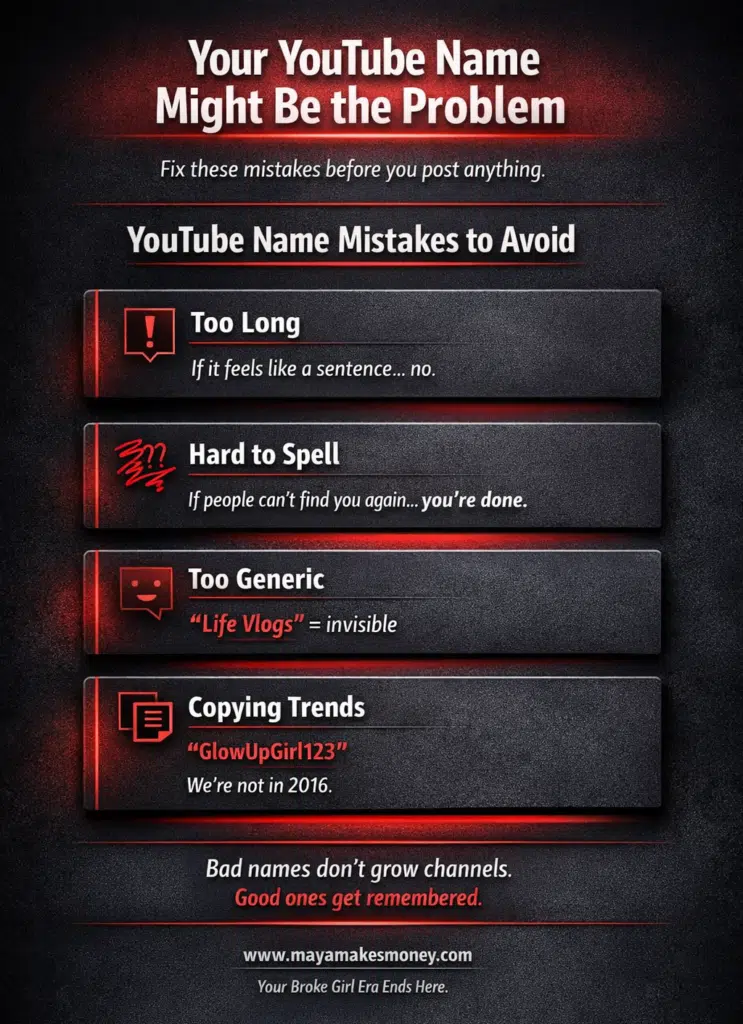 Infographic showing YouTube name mistakes to avoid including too long, hard to spell, too generic, and copying trends