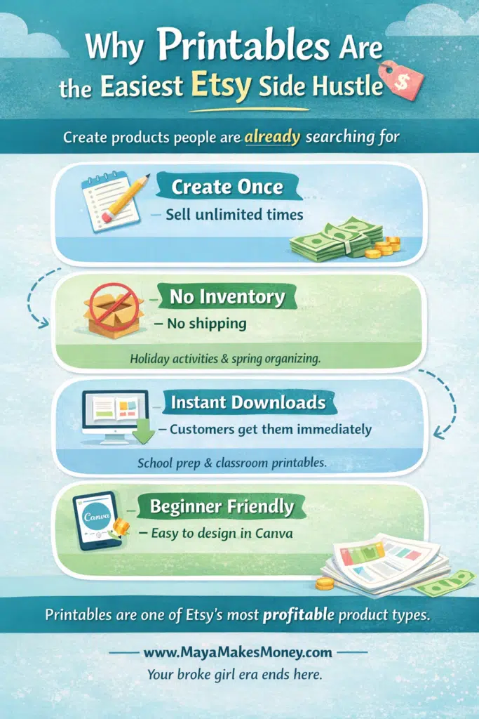 Why printables are the easiest Etsy side hustle infographic showing create once sell unlimited, no inventory, instant downloads, and beginner friendly design.
