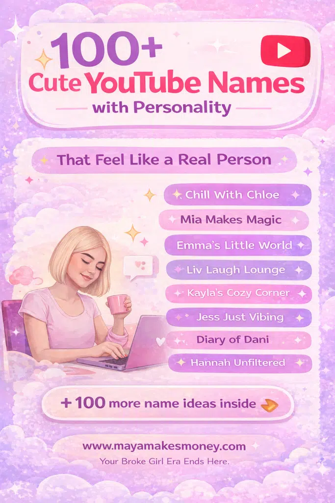 Graphic for 100+ cute YouTube names with personality featuring feminine channel name ideas and pastel creator branding.