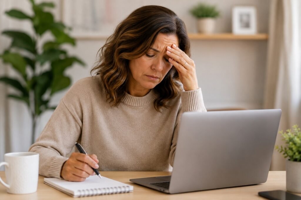 Overwhelmed woman writing notes beside a laptop while struggling with beginner blogging mistakes.