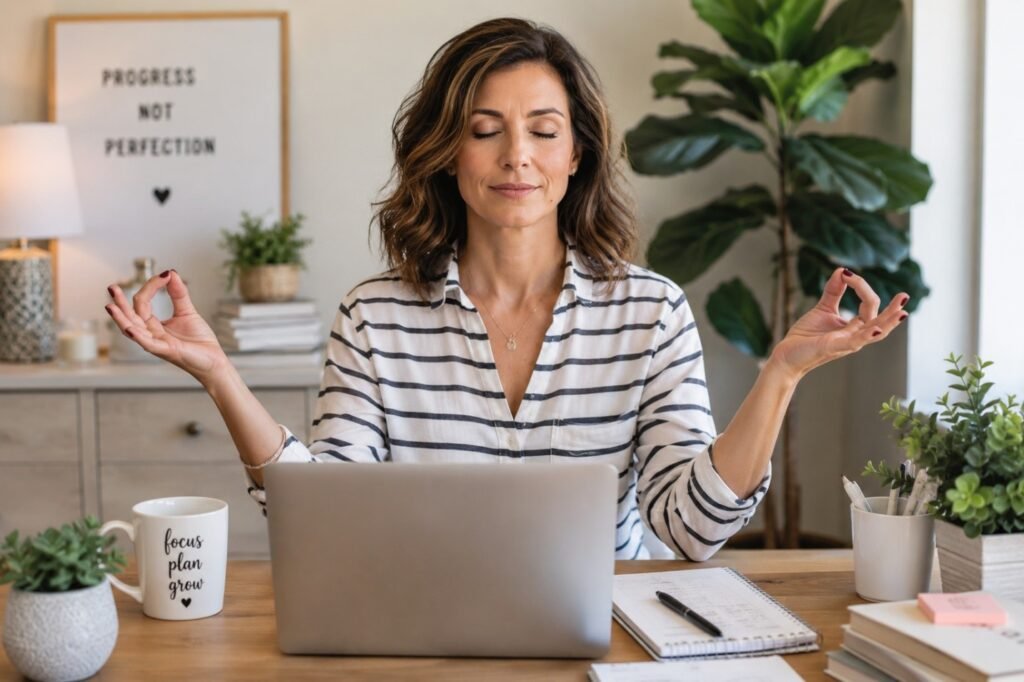 Calm woman meditating at her laptop while learning to stay focused with blogging.