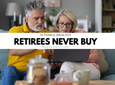 Senior couple reviewing finances on a laptop at home with headline “10 Things Wealthy Retirees Never Buy” overlay