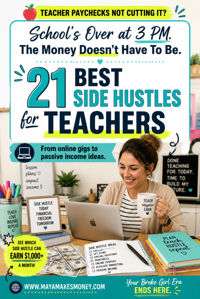 Teacher using laptop with money beside a 21 best side hustles for teachers graphic