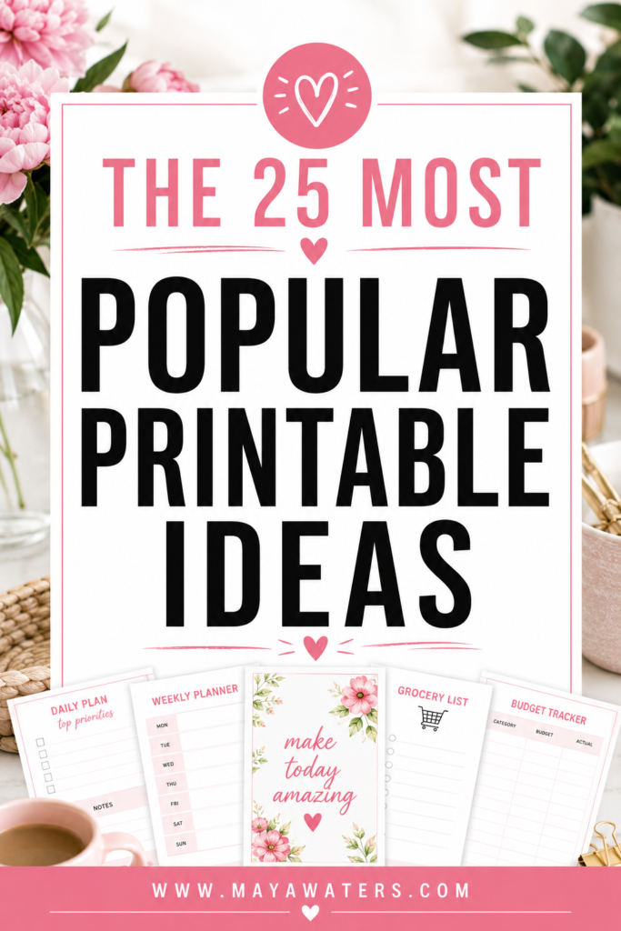 The 25 most popular printable ideas with planners, grocery list, budget tracker and pink floral stationery