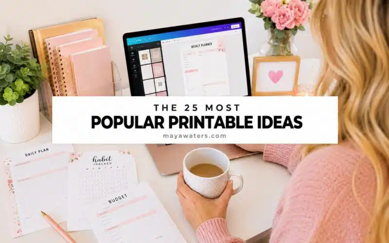 Woman creating printable planner templates on laptop with coffee, flowers and pink stationery suggesting popular printable ideas