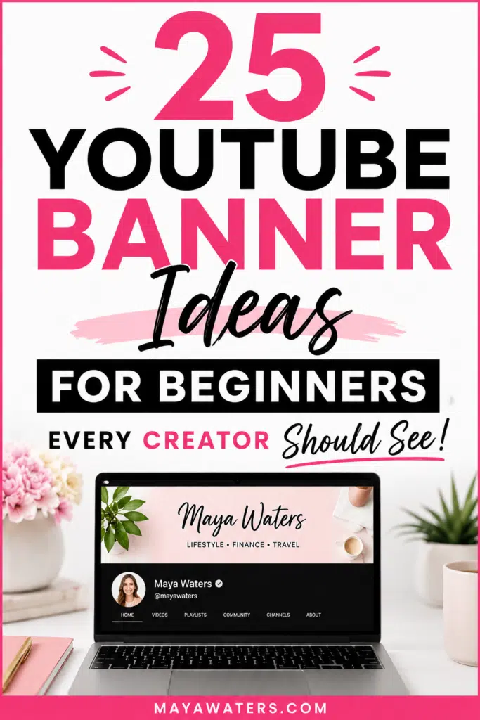 Bold pink and black promotional design featuring “25 YouTube Banner Ideas for Beginners” with laptop mockup and channel branding example