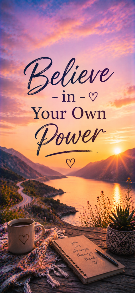 Believe in your own power affirmation wallpaper with sunset mountain lake view