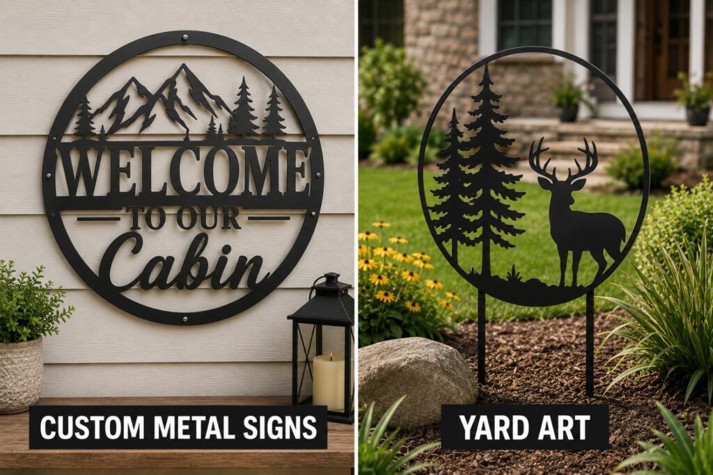 Custom laser cut metal welcome sign and deer yard art stake for outdoor home decor