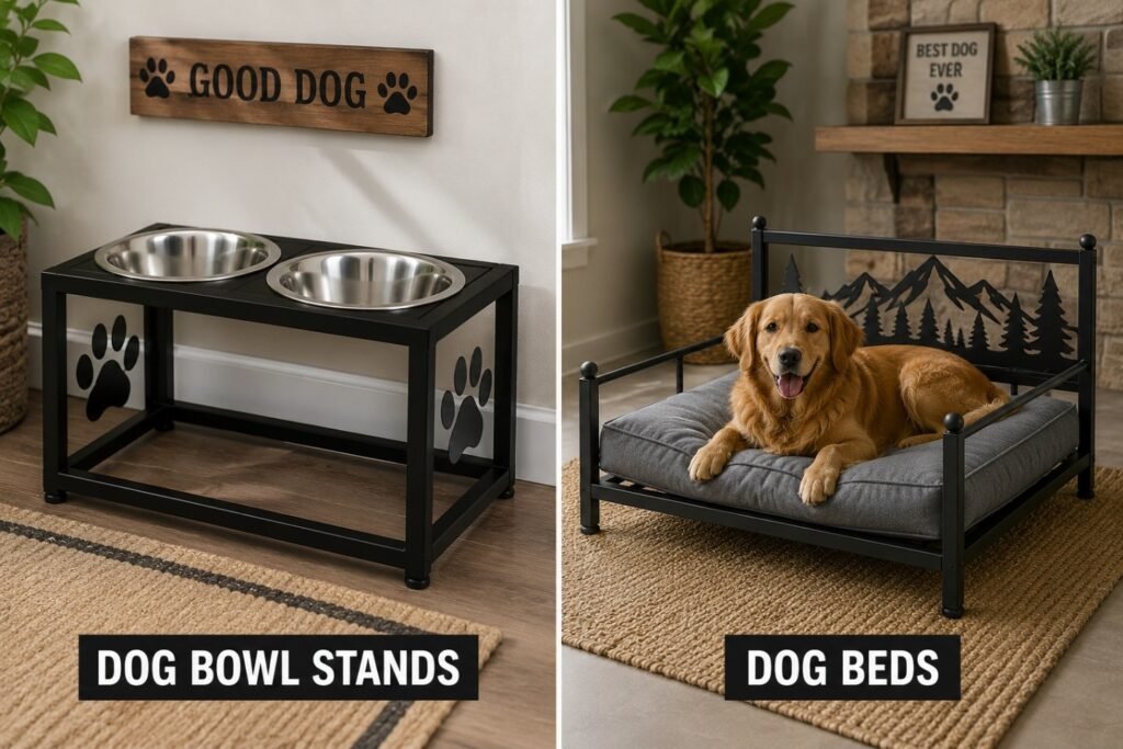 Welded black metal elevated dog bowl stand with paw print cutouts and custom metal dog bed frame with mountain design