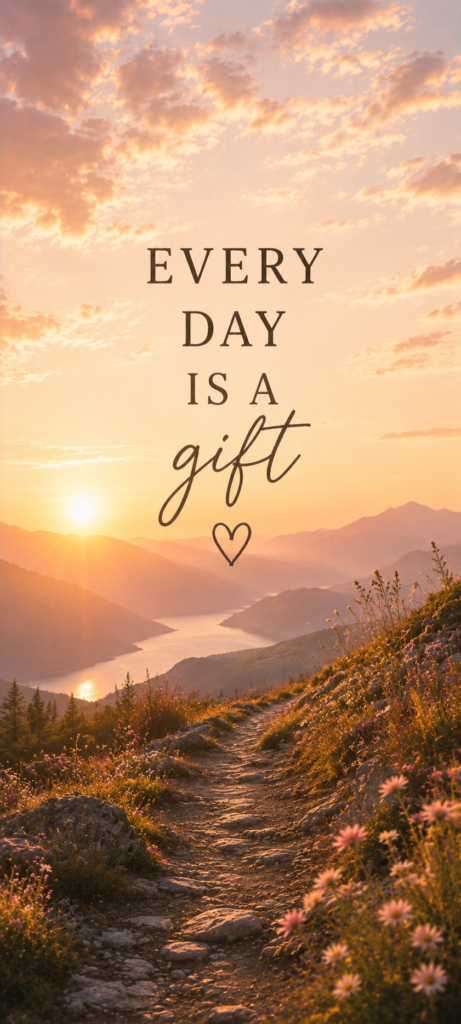 Every day is a gift positive affirmation wallpaper with golden mountain sunrise