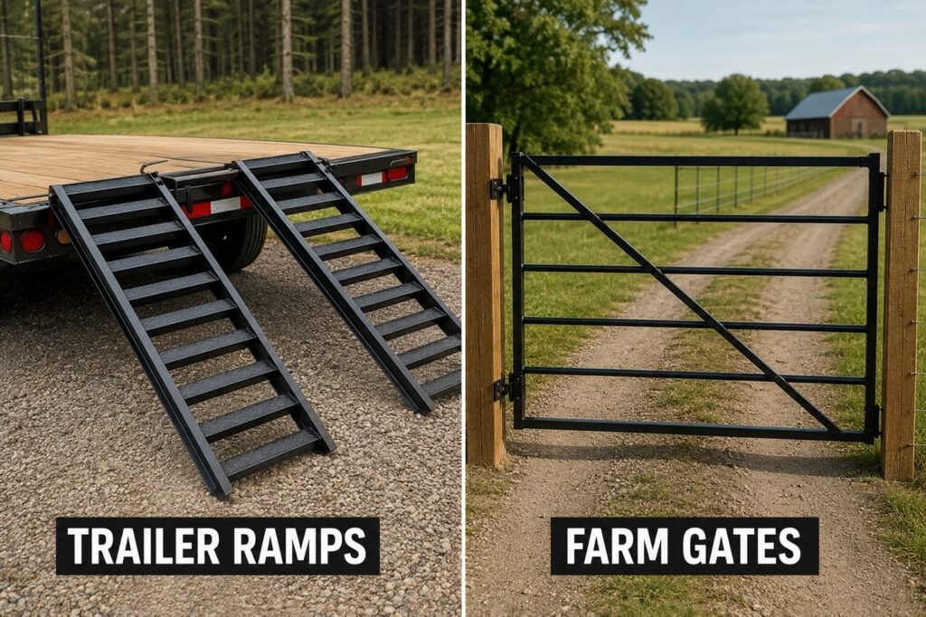 Custom welded black steel trailer loading ramps and farm gate for agricultural and ranch use