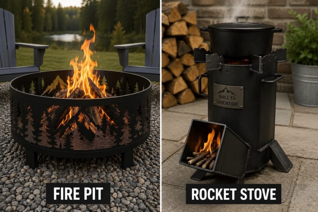 Handmade steel fire pit with pine tree cutout design and welded rocket stove for outdoor cooking and camping